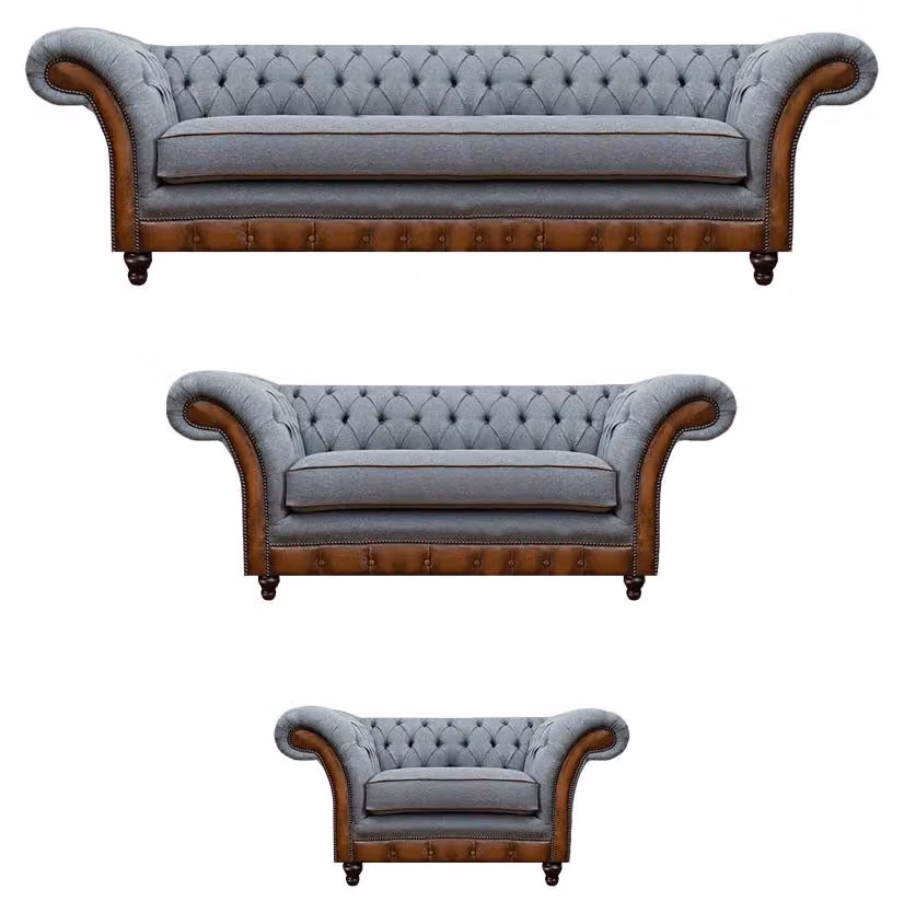 Hellgrau-Braune Chesterfield Sitzmöbel Wohnzimmer Couchgarnitur 3tlg