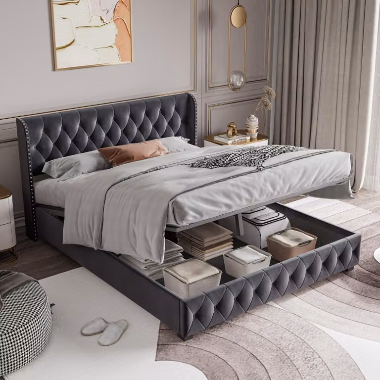 Letto imbottito 140x190 cm con spazio contenitore a sollevamento idraulico, rivestito in velluto, con rete a listelli, testiera Chesterfield, adatto per un materasso matrimoniale (capacità fino a 500 kg), colore grigio, senza materasso
