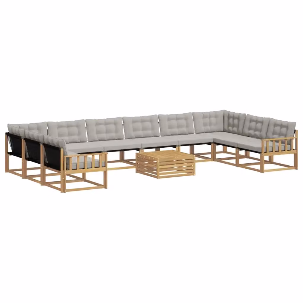 Set di divani da esterno a forma di U vidaXL in legno di acacia con tavolino e cuscini, Bianco e Grigio – 2