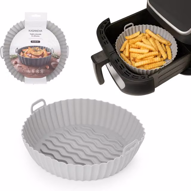 Teglia tonda in silicone KASANOVA per friggitrice ad aria, grigia, Diametro: 21 cm