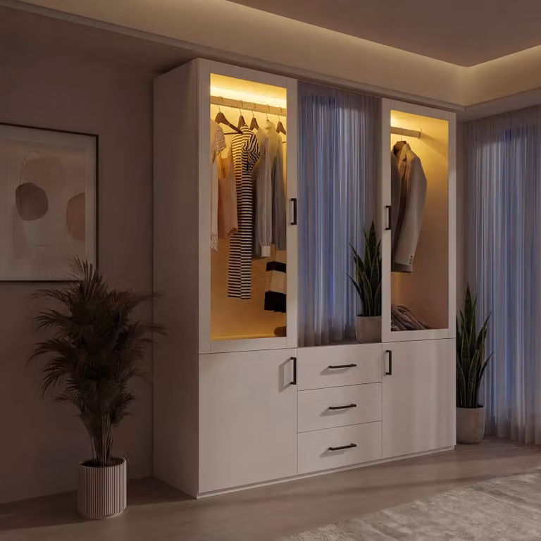 ARMADIO REMZETTA, dimensioni 130x51,8x181,5 cm, con specchio, illuminazione LED, 4 ante e 3 cassetti, grande armadio per la camera da letto, con asta appendiabiti, mobile contenitore per la camera da letto