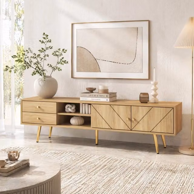 Mobile TV Mivray moderno con due cassetti, ante scanalate e vani aperti, gambe in metallo oro, colore beige e marrone, L: 160 cm, P: 36 cm, H: 42 cm – 1