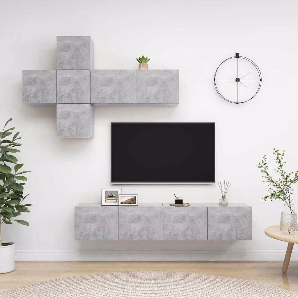 Set di mobili porta TV moderno vidaXL composto da 7 pezzi in legno e MDF, colore grigio cemento