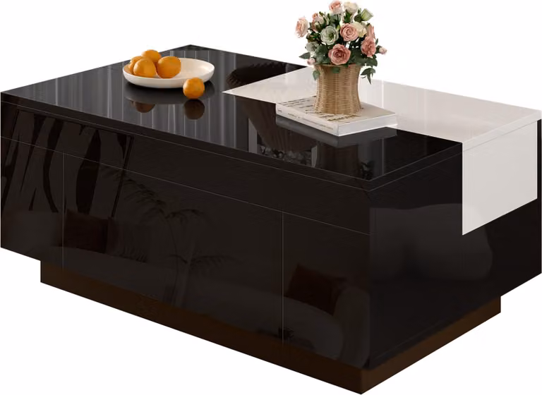 Tavolino Fortuna Lai con illuminazione a LED, piano estraibile bianco e nero, vano portaoggetti nascosto e striscia luminosa regolabile in 16 colori: la scelta ideale per un soggiorno elegante.