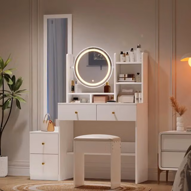 Toeletta Hollywood LED Mivray con specchio a figura intera girevole, 4 cassetti e sgabello imbottito, bianca, L: 109 cm, P: 36 cm, H: 164 cm – 1
