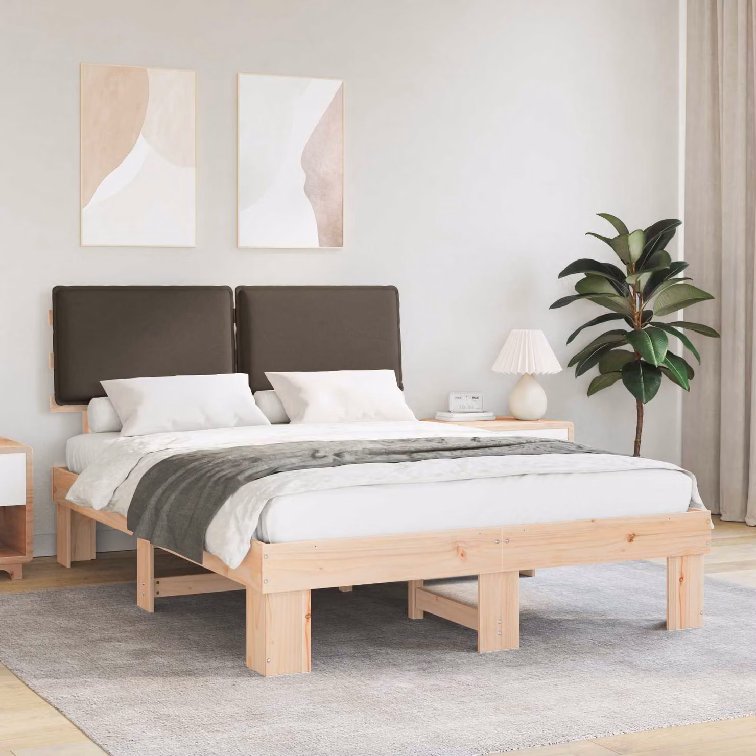 Letto con Testiera Rivestita in Tessuto vidaXL in Pino Massello, Colore Beige o Grigio, 160 x 200 cm – 1