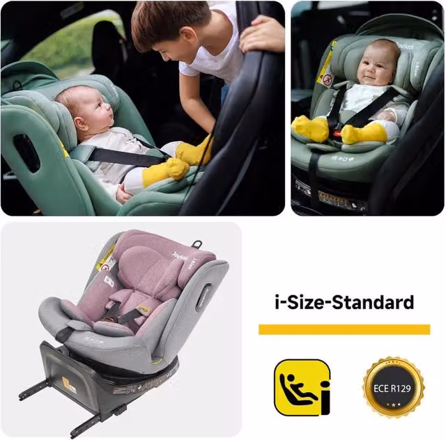 Seggiolino auto girevole 360 gradi OKWISH con ISOFIX, reclinabile e cappottina removibile, rosa e grigio
