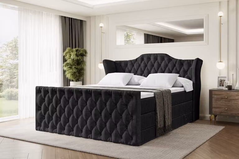 Letto boxspring ALTDECOR con pediera, 2 materassi e topper - 120x200 cm - VILA-Z KING - Velluto nero - Letto imbottito con materassi H3 e H4, contenitore e rete a doghe, letto con spazio contenitivo