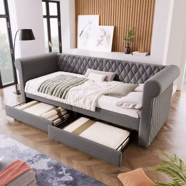 Letto moderno con cassetti e rivestimento in lino grigio, struttura in acciaio, legno e MDF, L/P/H: 90 x 200 x 72 cm