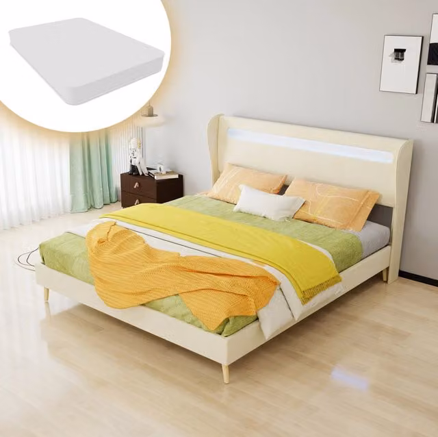 Letto imbottito LED con testiera regolabile; 160x200 cm; tessuto e metallo; beige