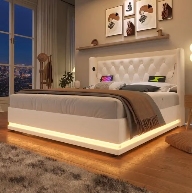 Letto matrimoniale 140x200 cm con contenitore; testiera con USB e LED; PU bianco (Senza materasso)