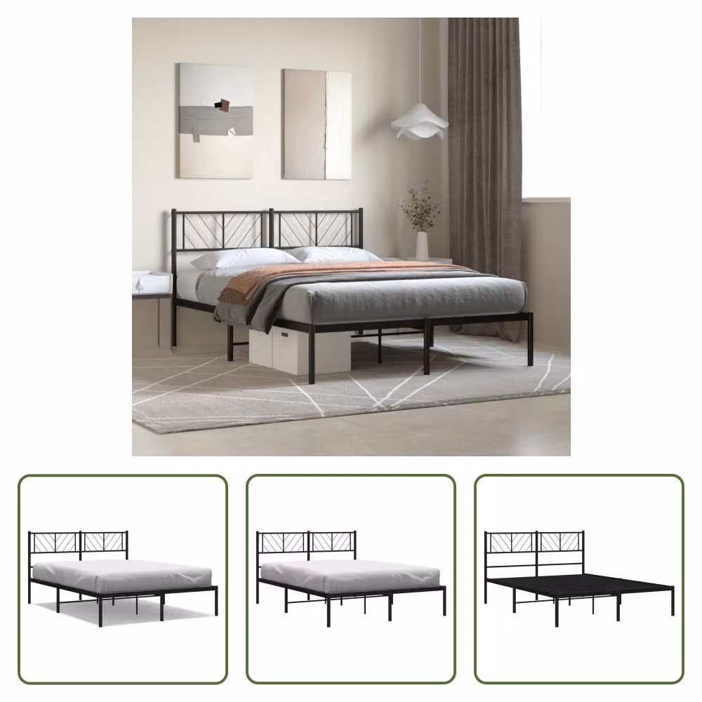 The Living Store Struttura letto con testiera in metallo nero 150x200 cm