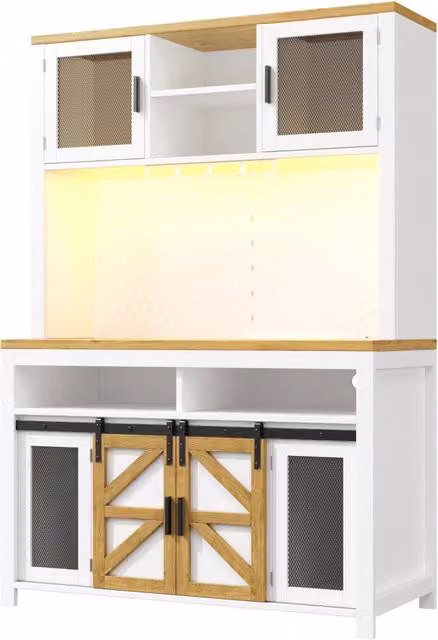 Mobile alto multifunzione bianco con luce LED, USB e ampio piano di lavoro per cucina e sala da pranzo