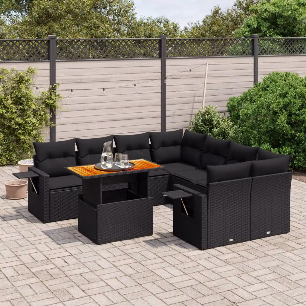 vidaXL Set Divani da Giardino 9 pz a Forma a L in Polyrattan Nero con Cuscini Imbottiti e Tavolino da Esterno – 1