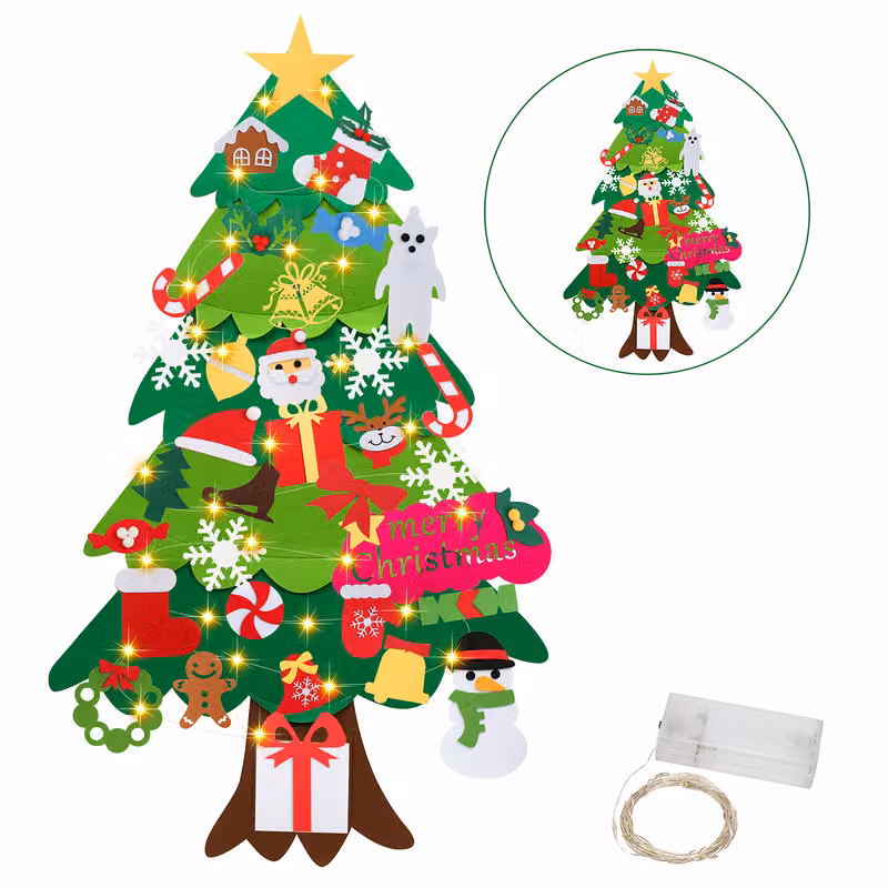 Jopassy Albero di Natale di feltro, 33 PCS Albero di Natale di feltro per bambini, Albero di Natale di feltro fai da te, con luci a led per bambini Albero di Natale di feltro regalo di Natale