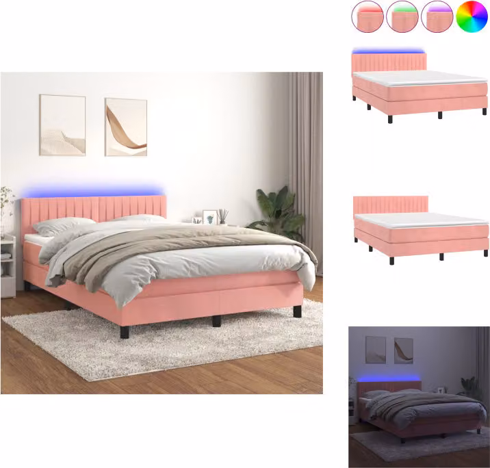vidaXL Letto a molle con materasso e LED in velluto rosa 140x190 cm - Letti & strutture letto