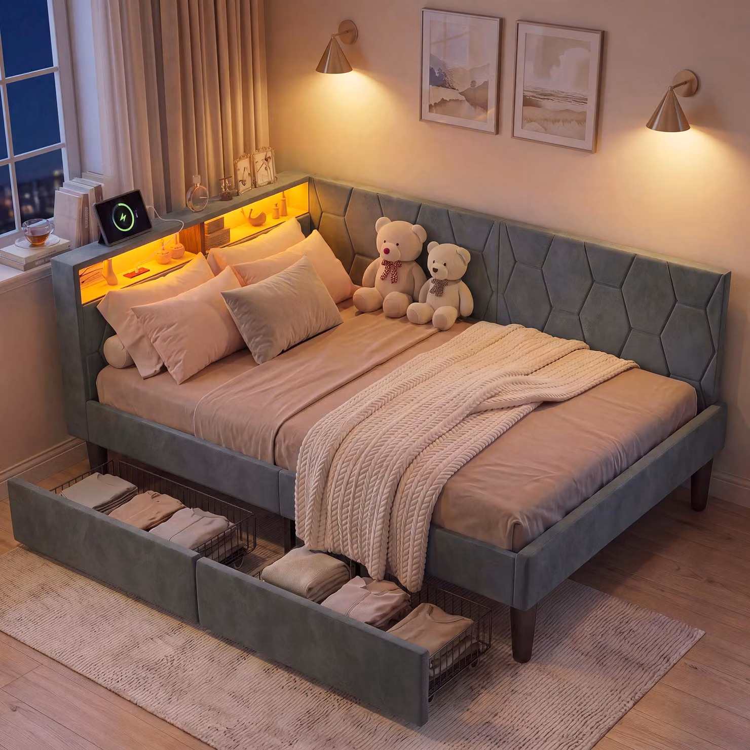 Letto imbottito UnboxG 90x200 cm, rivestito in velluto, con 2 cassetti, illuminazione LED, porta USB e porta di tipo C, contenitore per biancheria, divano letto 2-in-1 (letto o divano), rete a doghe, colore grigio