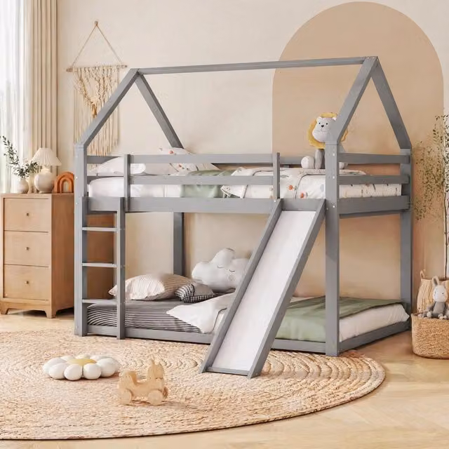 Letto a Castello a Forma di Casa per Bambini con Scivolo e Scala, Grigio, 140x200 cm