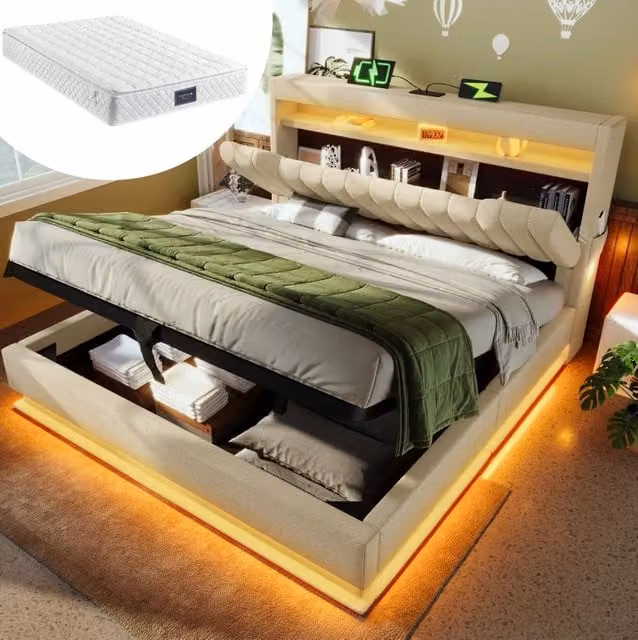 Letto matrimoniale imbottito 140x200 cm con contenitore idraulico, illuminazione LED e porte USB/Type-C, beige in lino, con materasso