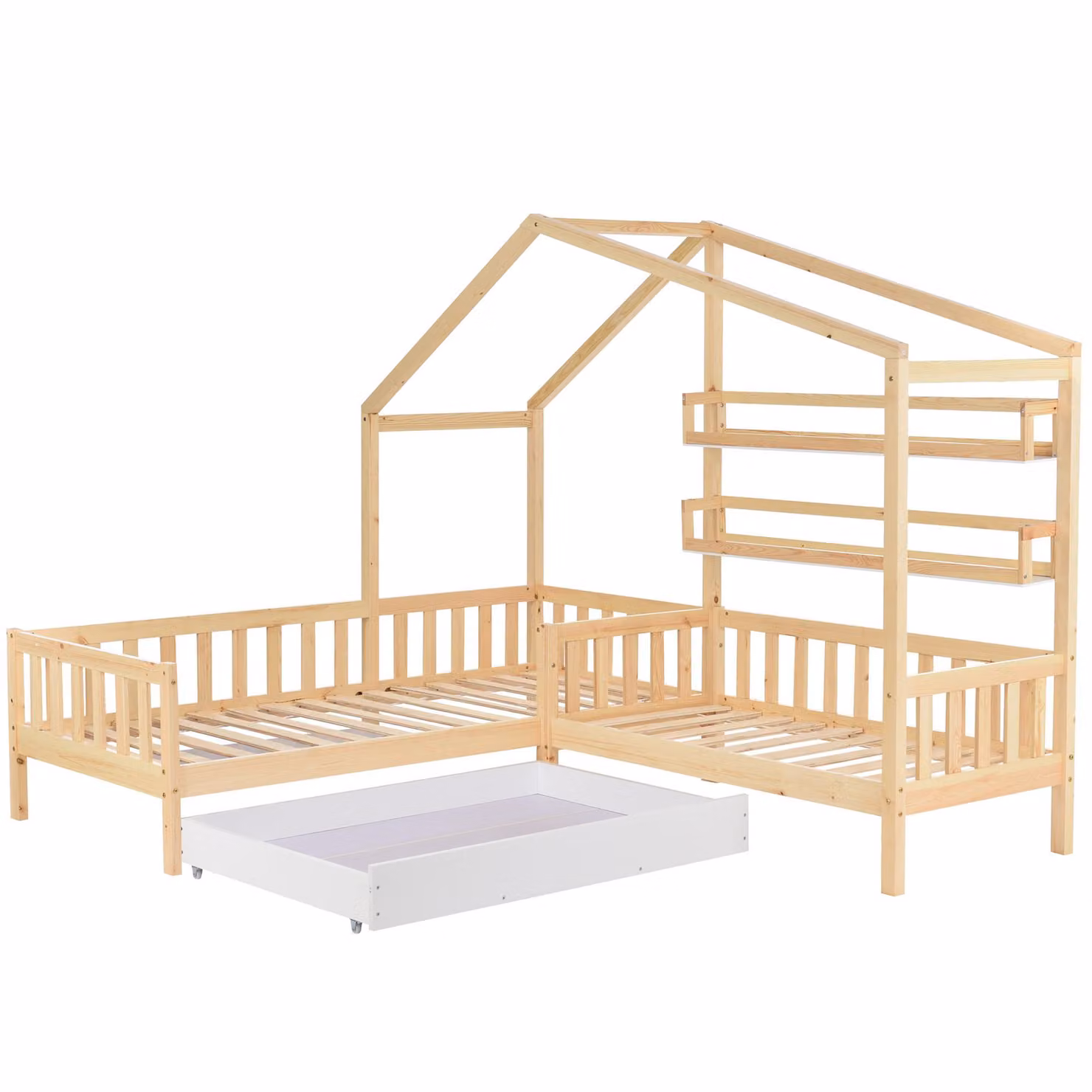 Struttura Letto a Casetta per Bambini Aosom in Legno Naturale con Cassetti e Scaffali, L/P/H: 200 x 90 x 140 cm – 2
