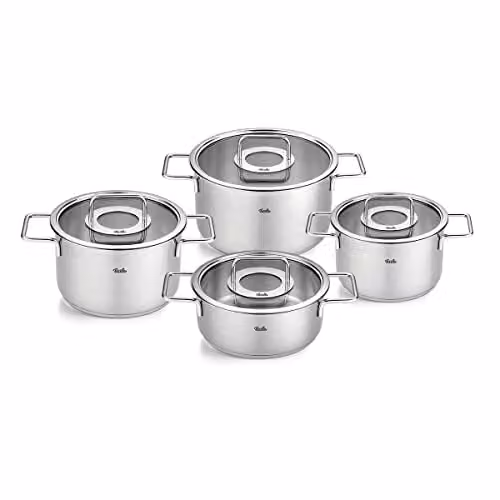 Fissler Pure Collection - Set di pentole in acciaio inox, 4 pezzi, pentole con coperchi in vetro (3 pentole, 1 padella), compatibile induzione