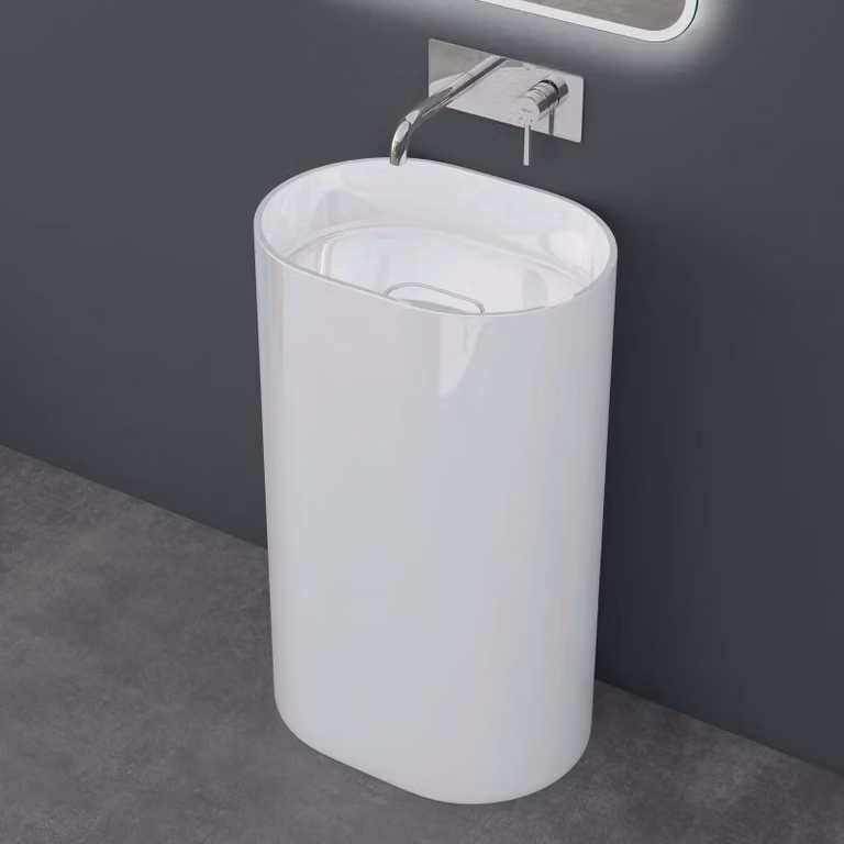 doporro Lavabo a Colonna Per Bagno Lavabo Freestanding da Terra Lavandino Monoblocco a Pavimento in Marmo Resina 55x40x85 cm Bianco Lucido, Lavabo Autoportante Senza Foro Rubinetto Colossum45