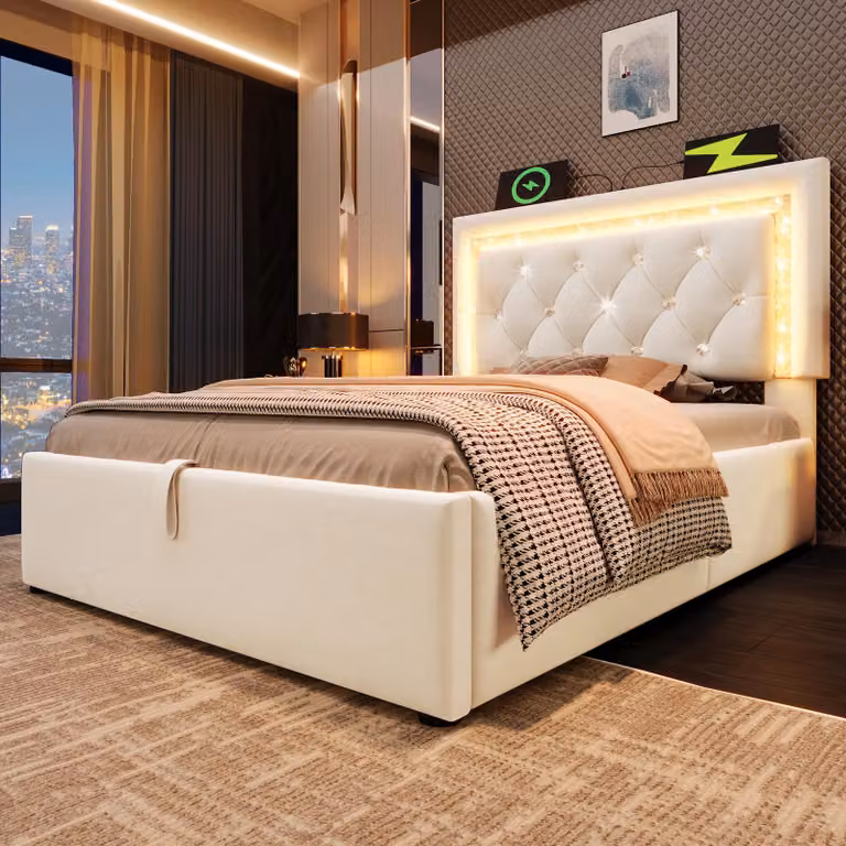 okwish letto imbottito 90x200 letto singolo per ragazzi con strisce luminose a LED e presa USB, letto per bambini struttura letto con rete, struttura letto con rete a doghe, beige (senza materasso)