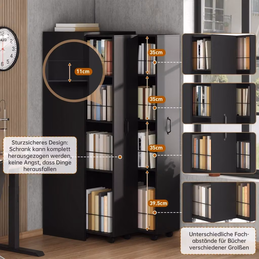 Libreria Estensibile su Ruote REDOM in MDF e Metallo, Colore Nero, L 51,5 cm x P 41 cm x H 158 cm – 2