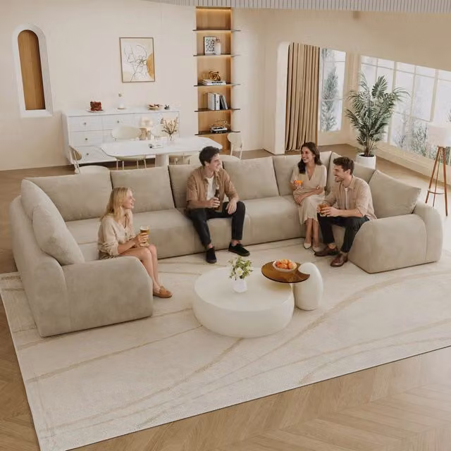 Divano a forma di U Minimal in tessuto beige con cuscini inclusi L: 411 cm – 1