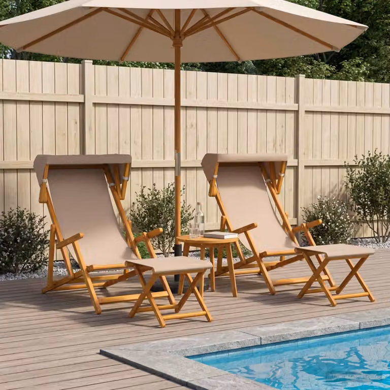 Set di 4 lettini prendisole vidaXL in legno di eucalipto massello con schienale regolabile e tessuto resistente ai raggi UV, colore grigio/beige