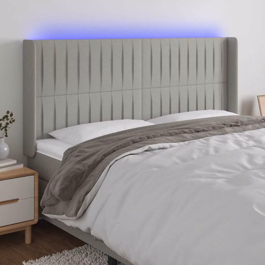 Testiera per letto vidaXL in tessuto grigio con illuminazione LED e porta di ricarica USB, L: 183 cm, P: 16 cm, H: 118/128 cm