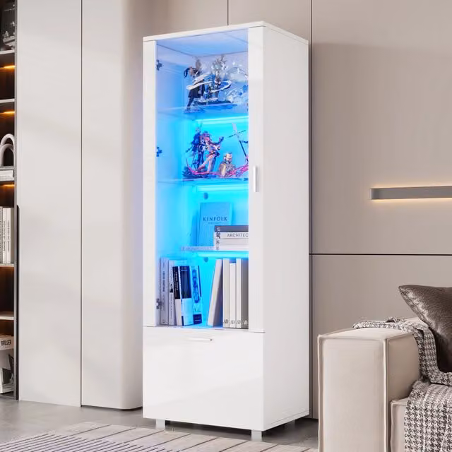 Vetrina con anta in acrilico, 3 ripiani in vetro temperato, LED e vano inferiore, per soggiorno, 50×40×160 cm