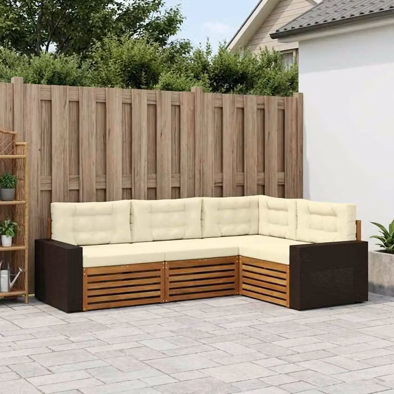 Set di divani da esterno vidaXL a forma di L in legno di acacia con cuscini beige e marrone