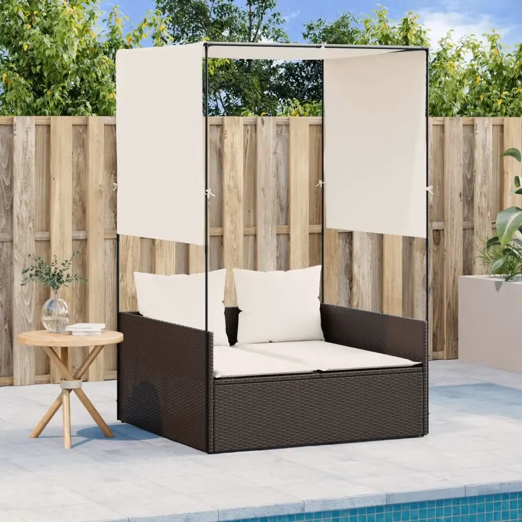 Lettino prendisole in polyrattan marrone con tenda parasole e tessuto resistente ai raggi UV – 2