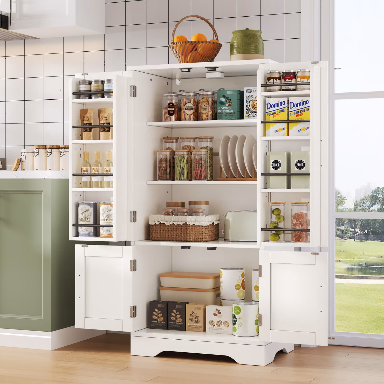 mobile buffet okwish mobile laterale con LED e 2 ripiani regolabili, mobile da cucina con ripiani e dispositivo antiribaltamento, mobile contenitore con maniglie in metallo, bianco