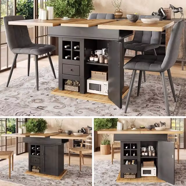 Tavolo da pranzo telescopico allungabile 110-140x80 cm, pieghevole per 4-6 persone, salvaspazio per cucina e soggiorno con cantinetta e cassetti