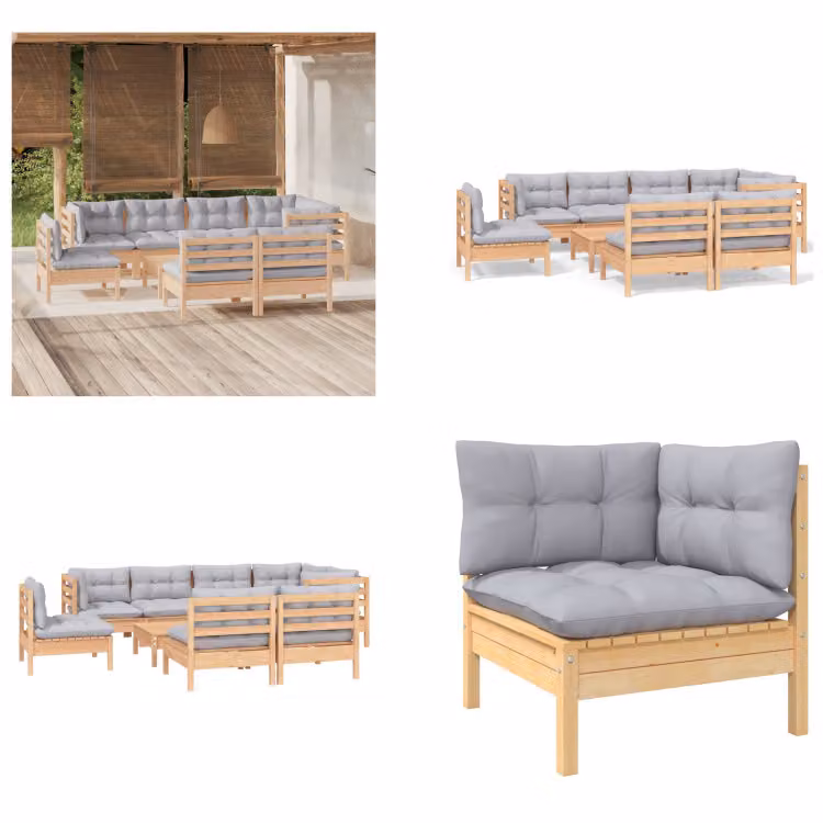 vidaXL Set salotto da giardino 9 pezzi con cuscini grigi in pino massiccio - Set salotto da giardino - Set salotto da giardino - Set mobili da giardino - Set mobili da giardino