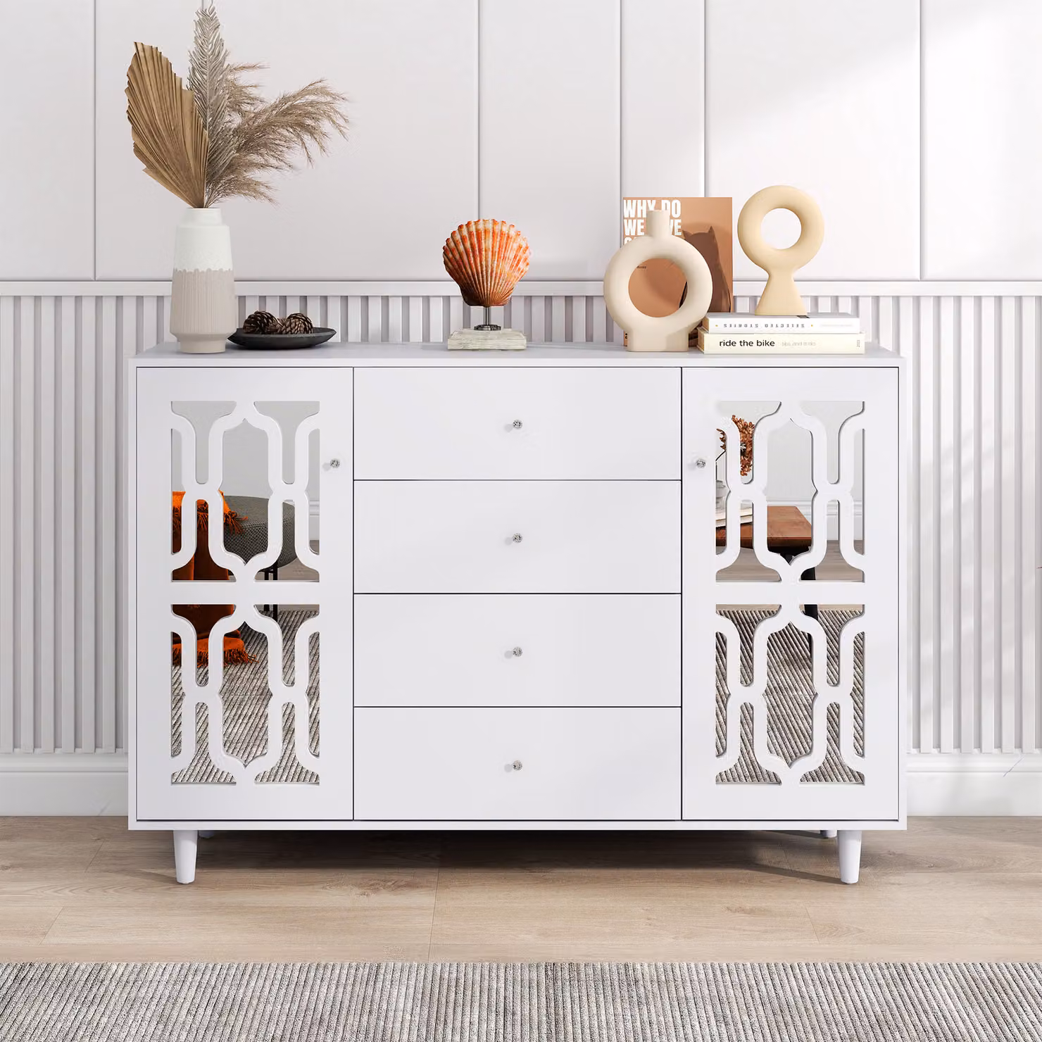 Credenza Merax con ante in vetro a specchio e 4 cassetti, credenza in stile country 148x102x40cm, bianco