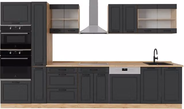 Cucina completa R-Line Vicco in MDF color Antracite e Rovere dorato, L: 350 cm, P: 60 cm, H: 206,8 cm