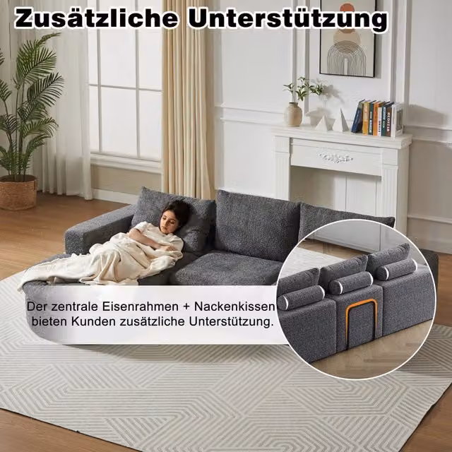 Divano modulare in ciniglia con chaise longue reversibile, cuscini di supporto e struttura in ferro grigio