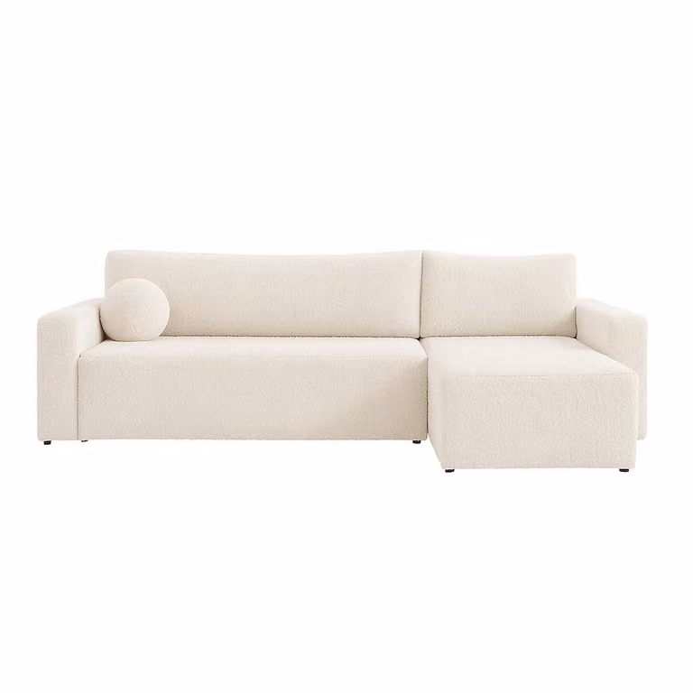 Il divano ad angolo BELLA di Sofello, realizzato in bouclé, unisce un design elegante alla funzionalità. Dotato di funzione letto e ampio contenitore, cuscini rotondi in omaggio, superficie di riposo: 191–200