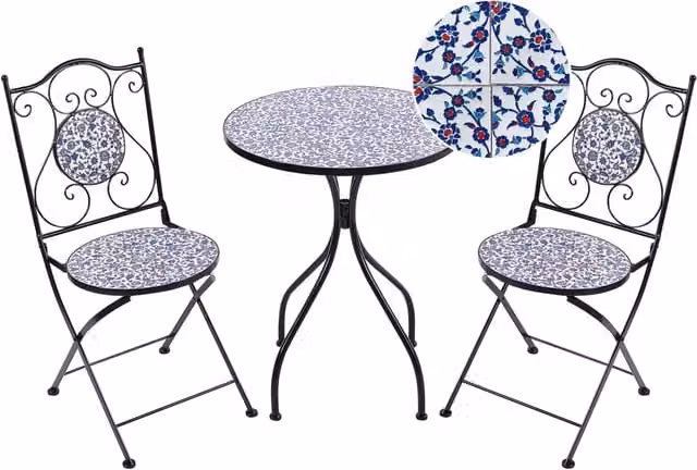 Set da bistrot Beliani per giardino e balcone in acciaio verniciato nero con motivo a mosaico blu e design vintage L/P/H: 60 x 60 x 75 cm
