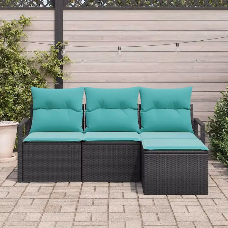 Set di divani da giardino vidaXL a forma di L con pouf, colore nero e cuscini turchesi, struttura in polyrattan e metallo con tessuto resistente ai raggi UV
