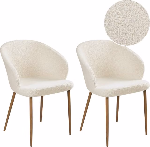 Set di 2 sedie da pranzo rivestite in bouclé bianco sporco con gambe effetto legno in stile retrò per il soggiorno