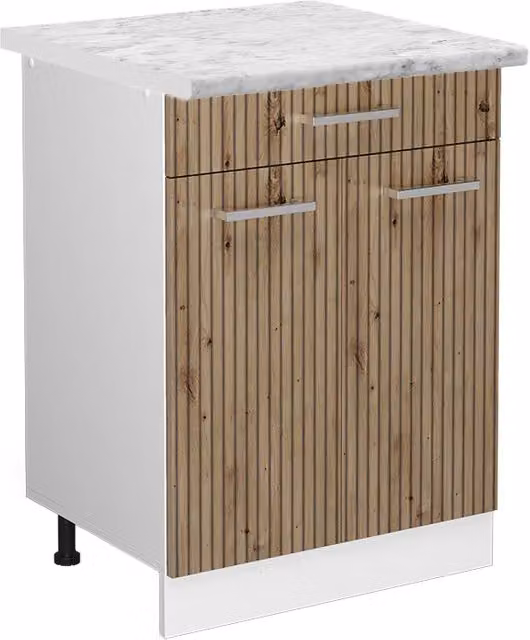 Mobiletto base per cucina R-Line Rovere artigianale/Bianco 60 cm con cassetto, PL Marmo Vicco