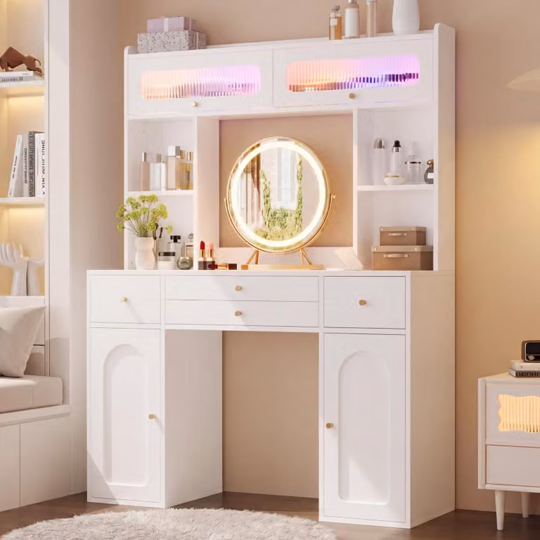 Toeletta Merax con specchio a LED e illuminazione, comò da trucco con 4 cassetti e ante in vetro, tavolino da toeletta con vano portaoggetti per camera da letto, bianco