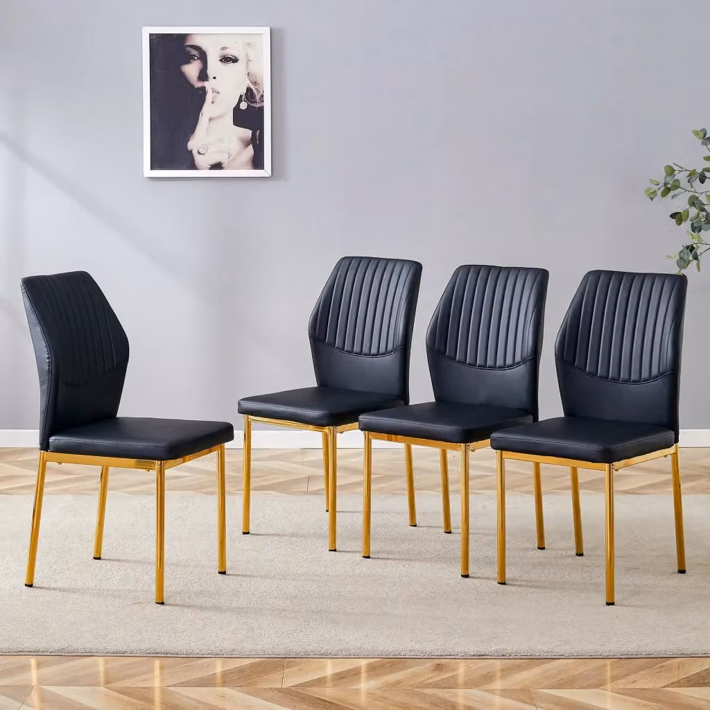 Set di 4 sedie da pranzo FOLYNA in similpelle nera e metallo dorato con schienale a coste, Altezza: 93 cm – 2