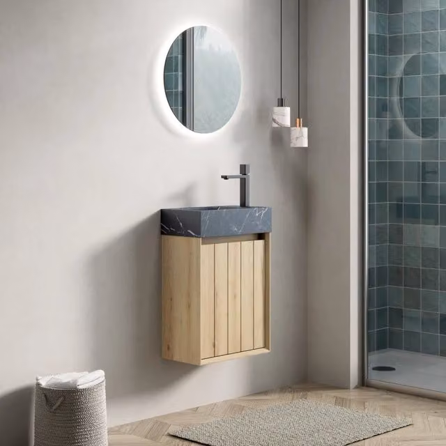 Mobile bagno sospeso WISHDOR con lavabo in marmo nero e anta in rovere bianco, Larghezza: 40 cm