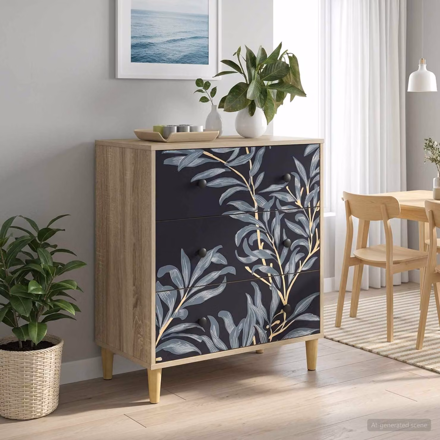 Cassettiera vidaXL DOKKUM con stampa floreale blu e finitura Sonoma, L 66 cm x P 36,5 cm x H 75 cm