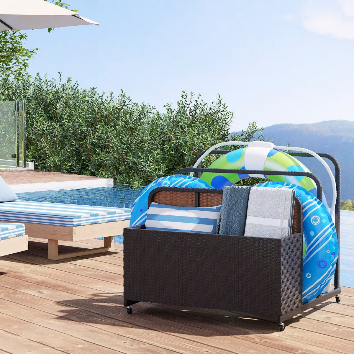 Organizer esterno Costway in rattan marrone con ruote e scomparti per cuscini da piscina